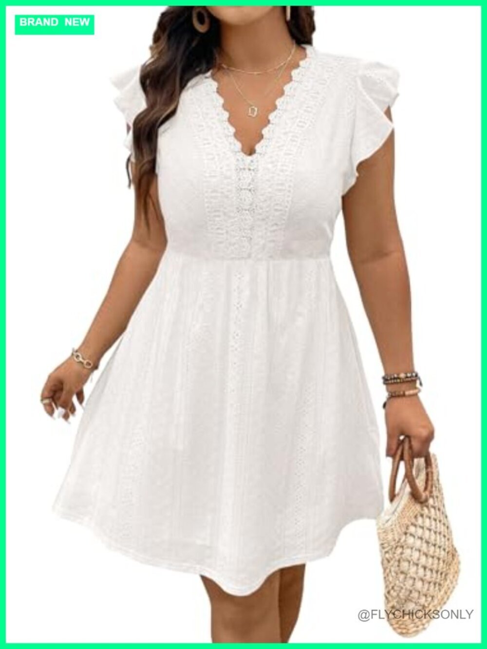 Plus Size Ruffle Cap Sleeve Lace V Neck Embroidery Eyelet A Line Mini Dress
